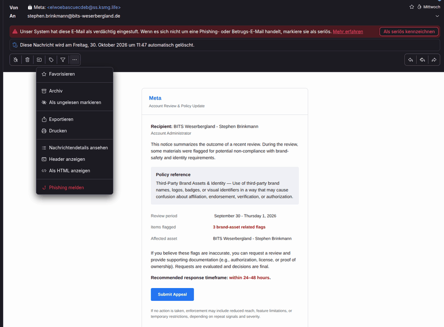 Menü im Mailprogramm mit dem Punkt Phishing melden