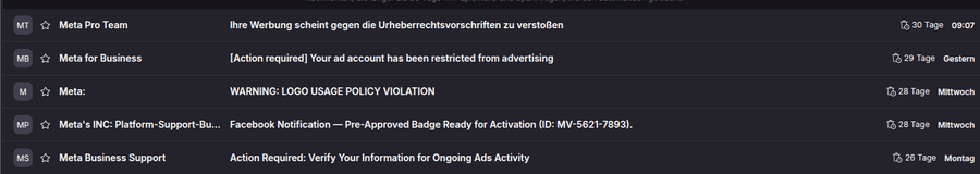 Postfach mit fünf angeblichen Meta-Mails: Urheberrecht, Werbekonto eingeschränkt, Logo-Verstoß, Badge, Daten bestätigen