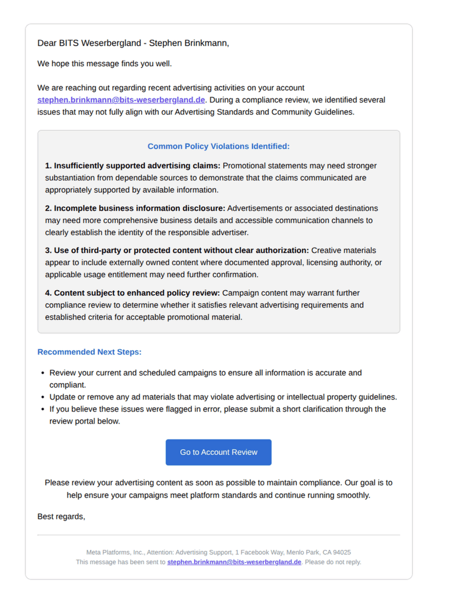 Gefälschte Mail zum Werbekonto mit vier allgemeinen Verstößen und dem Knopf Go to Account Review